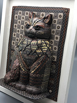 Brown Patterned Kitty One of a Kind Polymer Clay Sculptural Wall Art