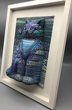 Lavender Feather Kitty one of a kind polymer clay sculptural wall art
