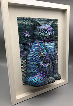 Lavender Feather Kitty one of a kind polymer clay sculptural wall art